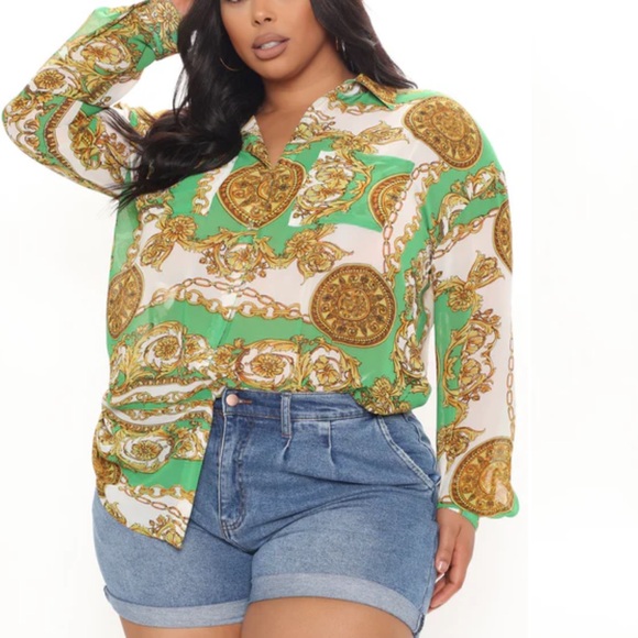 NWT Fashion Nova Green and Gold Chain Print Shirts - Picture 3 of 8